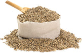 Image of Hemp Seeds in burlap bag with wooden spoon inserted.