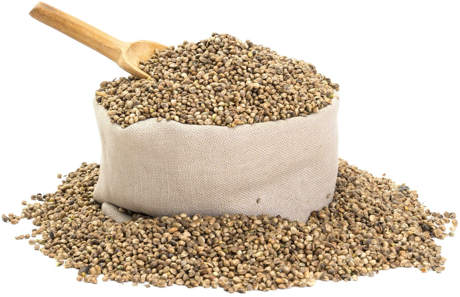 Image of Hemp Seeds in burlap bag with wooden spoon inserted.