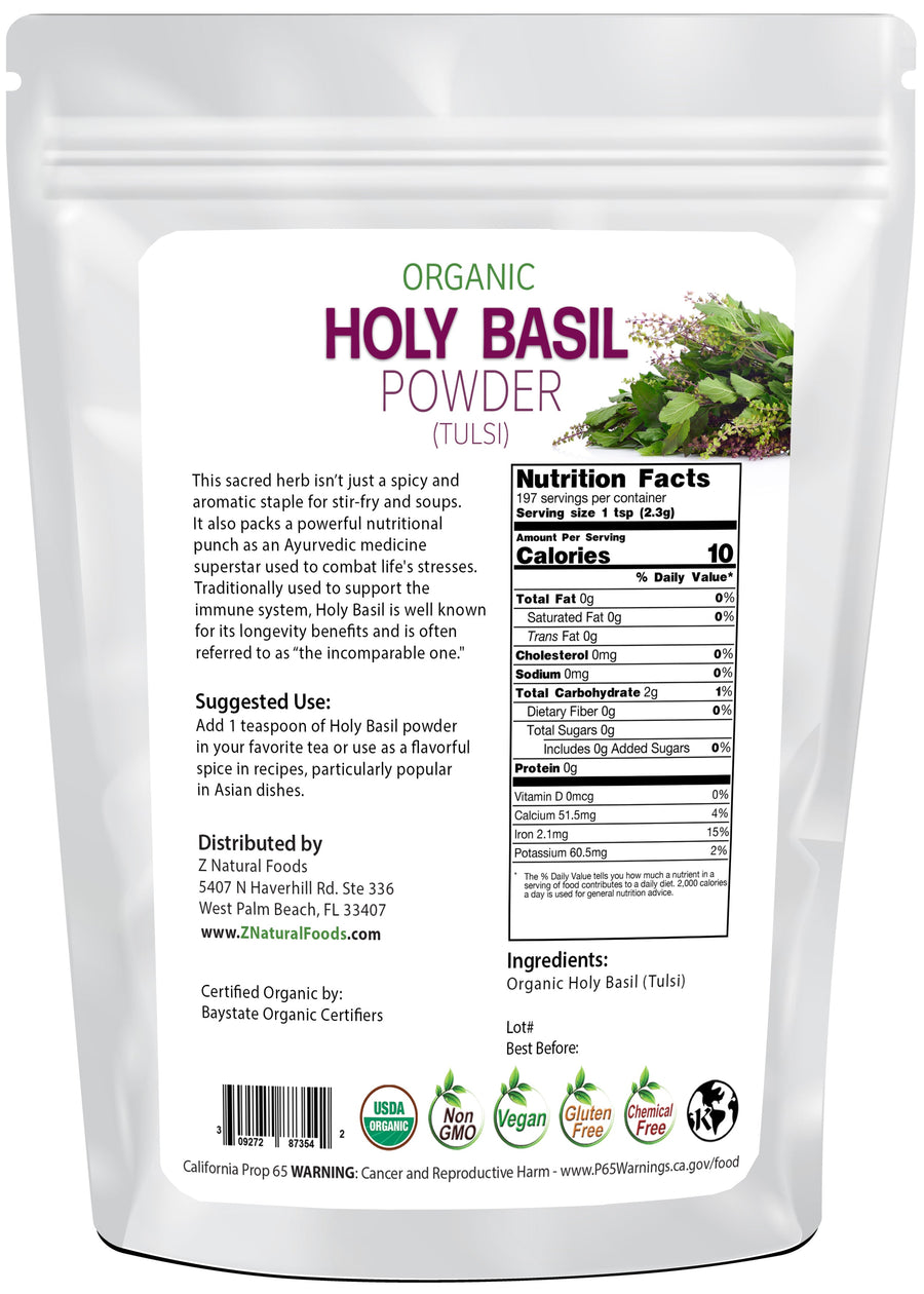 Holy Basil Powder (Tulsi) - Organic back of the bag image Z Natural Foods