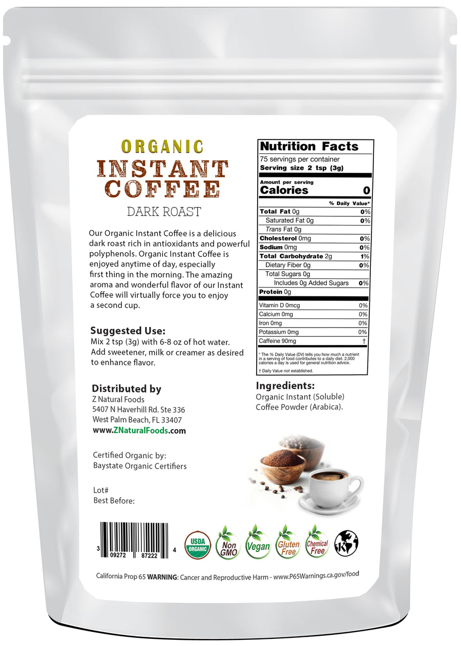 Photo of back of 8 oz bag of Organic Instant Coffee powder