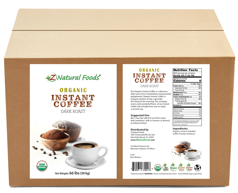 Photo of front and back label image of bulk package of Organic Instant Coffee powder