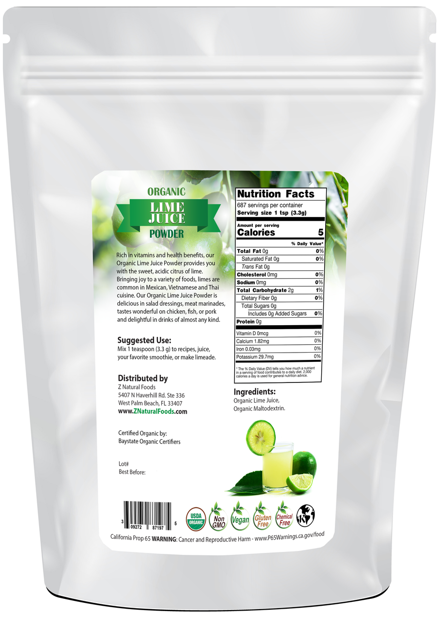 Photo of back of 5 lb bag of Lime Juice Powder - Organic