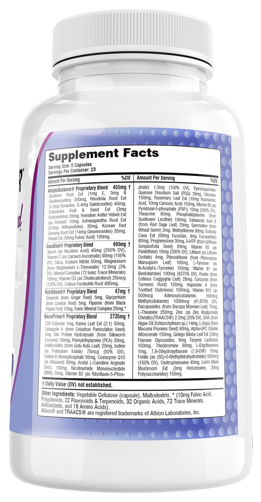 Photo of bottle of Limitless Mind showing Supplement Facts panel - Ultimate Nootropic Brain Booster Z Natural Foods - 115 Capsules per bottle