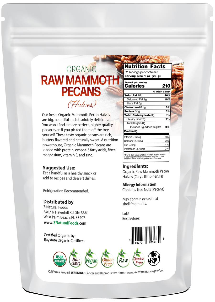 Photo of back of 2 lb bag of Mammoth Pecan Halves - Raw Organic
