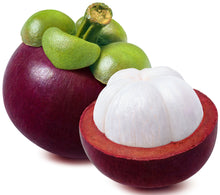 Image of 2 fresh purple Mangosteen Fruits and half of one showing its white interior