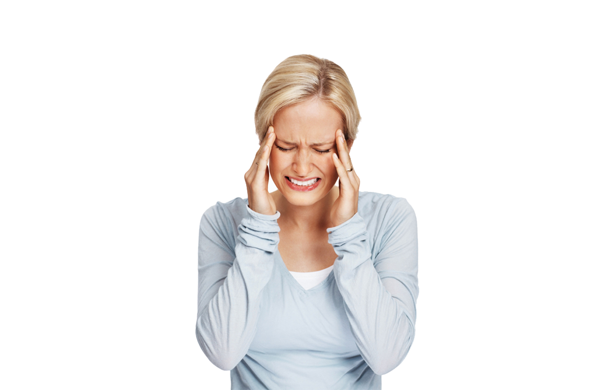 Image of woman with each hand on her temples suffering from migraine headache.