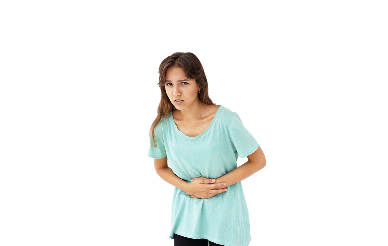 Picture of woman in pain with her hands on stomach because of menstrual cramps