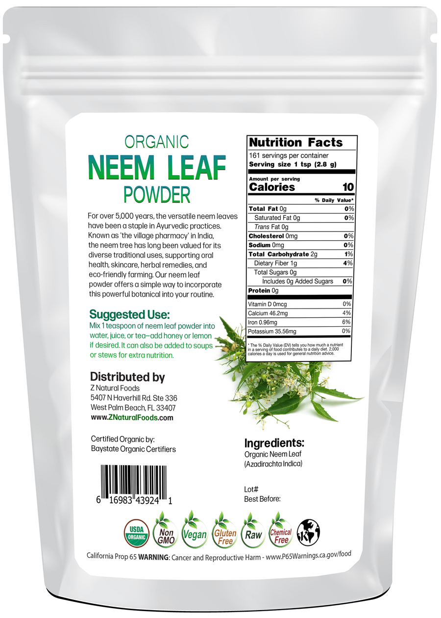 Neem Leaf Powder - Organic back of the bag image 1 lb