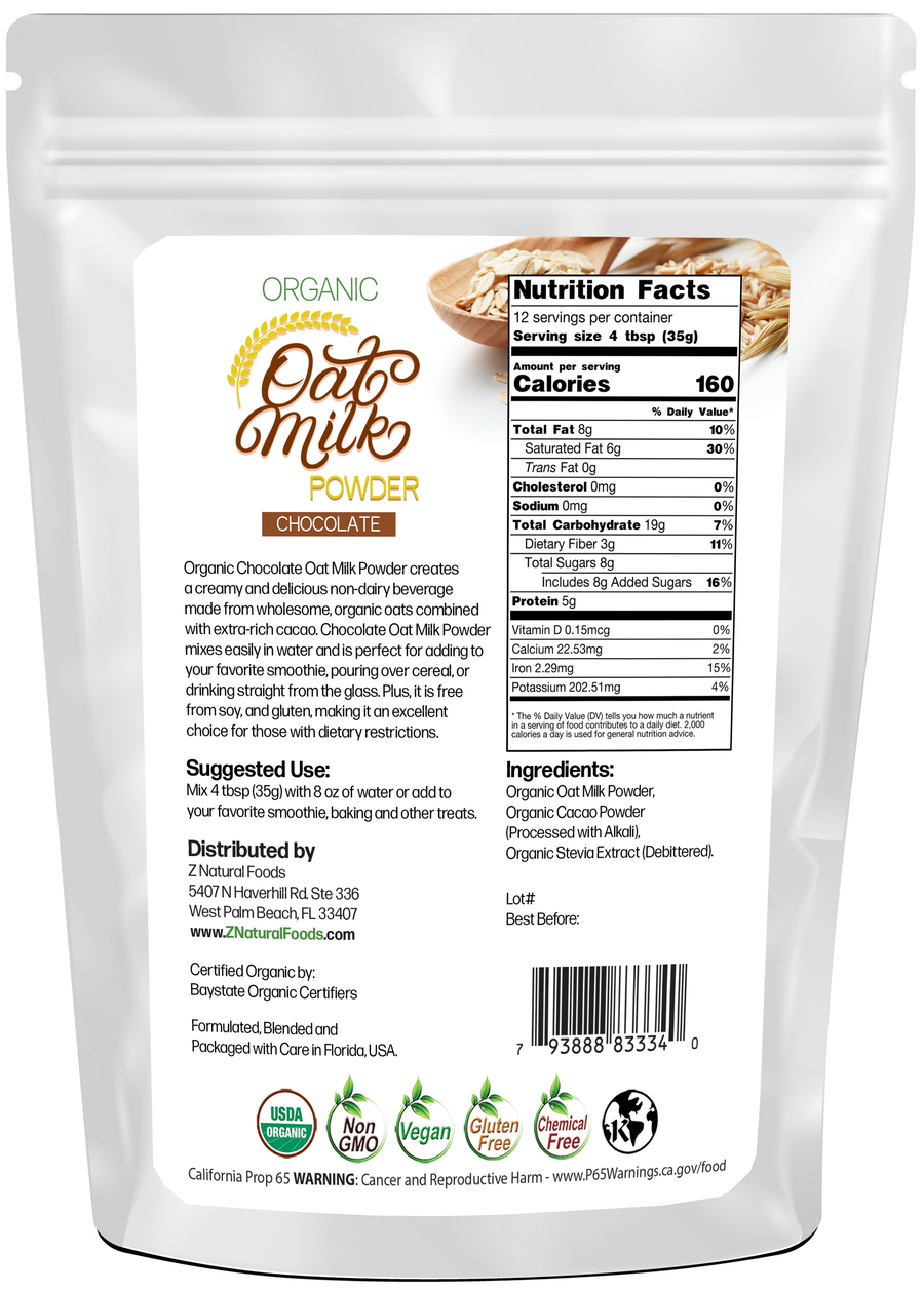 Photo of back of 1 lb bag of Oat Milk Powder (Chocolate) - Organic
