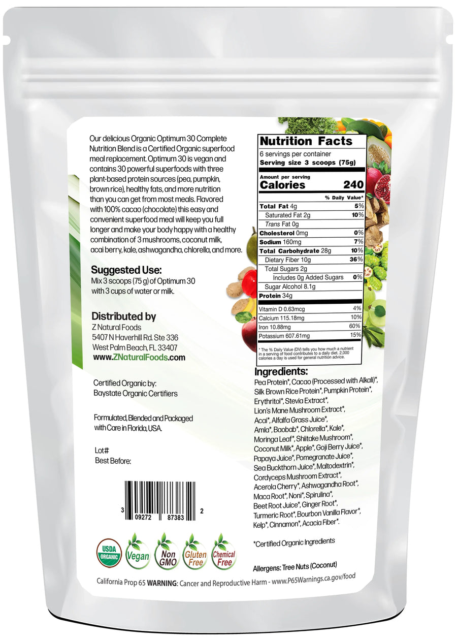 Optimum 30 Chocolate Vegan Meal Replacement - Organic back of the bag image 1 lb