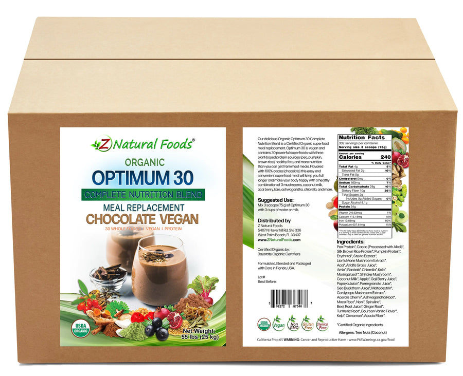 Optimum 30 Chocolate Vegan Meal Replacement - Organic front and back label image in bulk