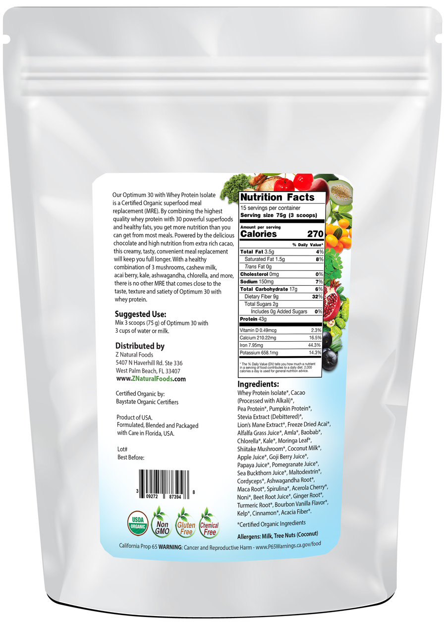 Optimum 30 Chocolate Whey Meal Replacement - Organic 2.5 lb back of the bag image