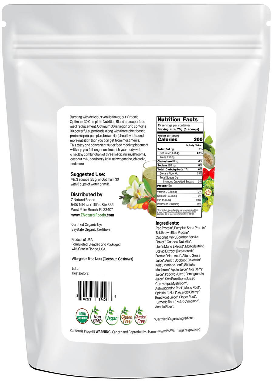 Optimum 30 Vanilla Vegan Meal Replacement - Organic back of the bag image 2.5 lb
