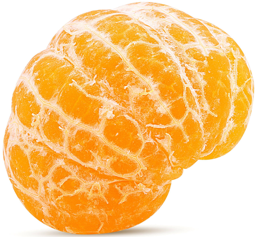 Peeled Orange half exposing segments on white background.