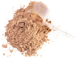 Pile of Organic 7 Mushrooms Blend Mushroom Powder with plastic scoop on white background.