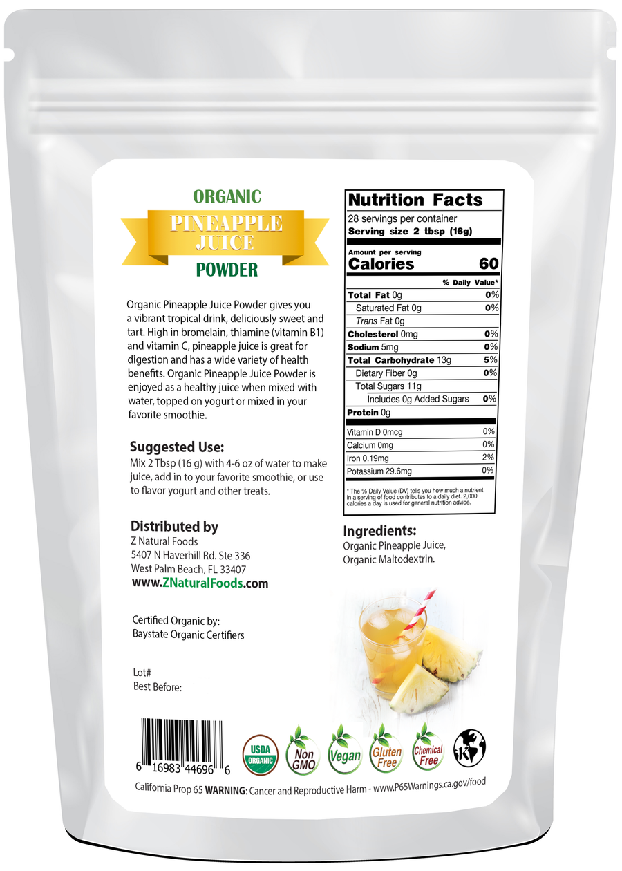 Photo of back of 1 lb bag of Pineapple Juice Powder - Organic