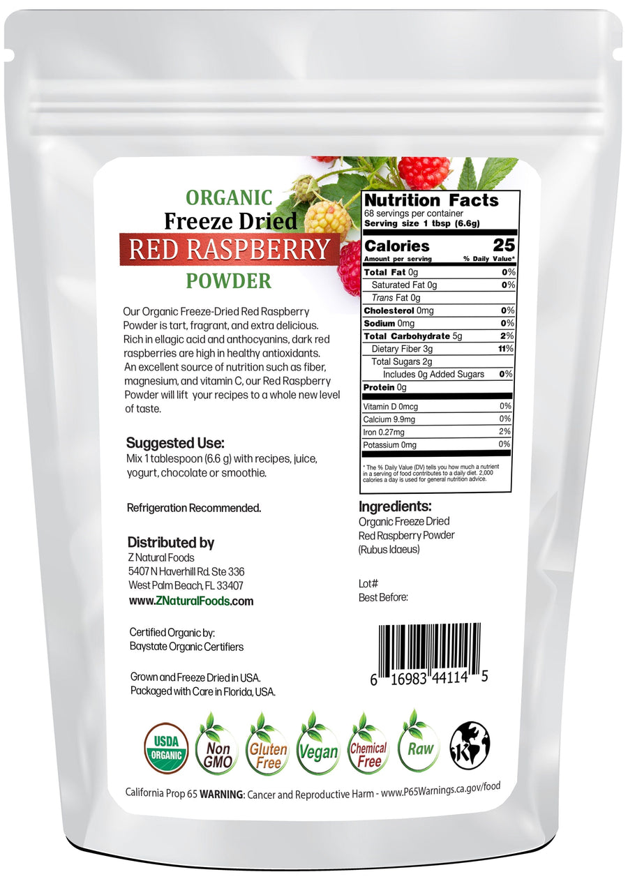 back of bag image of Red Raspberry Powder - Organic Freeze Dried Fruit Powders Z Natural Foods