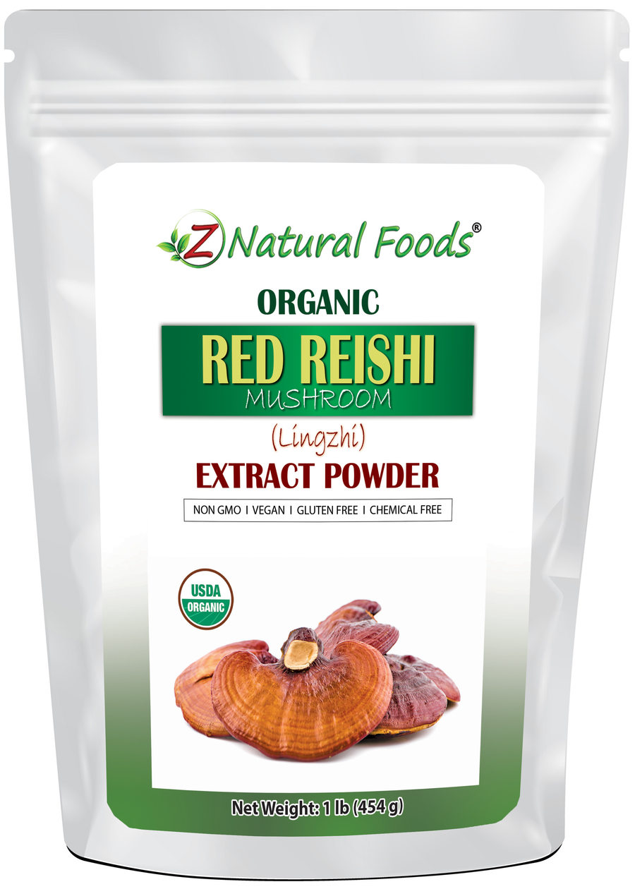Photo of front of 1 lb bag of Red Reishi Mushroom Extract Powder (Lingzhi) - Organic