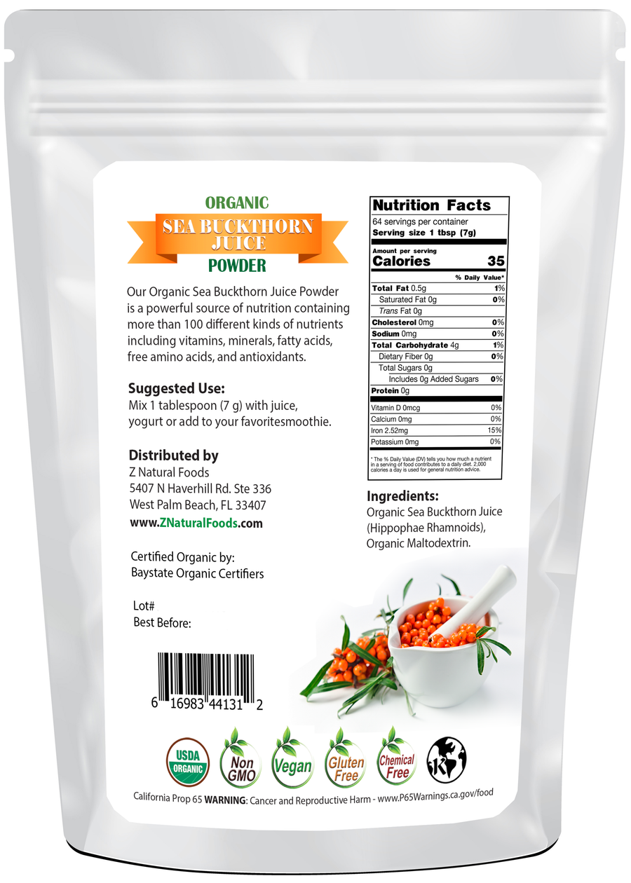 Photo of back of 1 lb bag of Sea Buckthorn Juice Powder - Organic