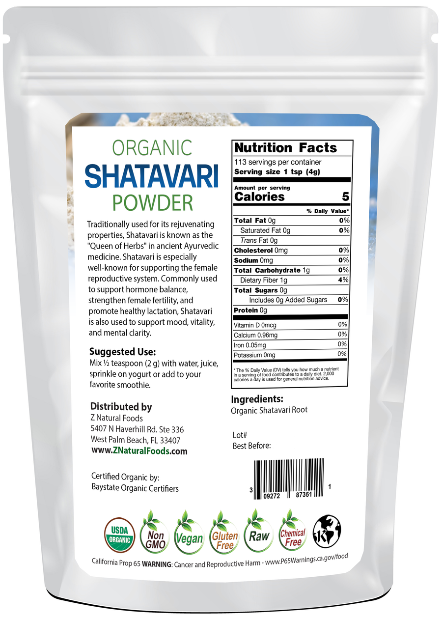 Photo of back of 1 lb bag of Shatavari Powder - Organic
