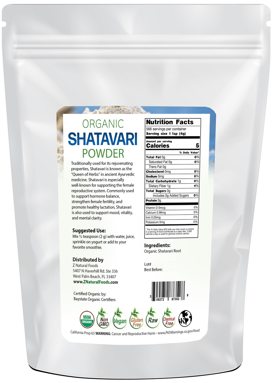Photo of back of 5 lb bag of Shatavari Powder - Organic