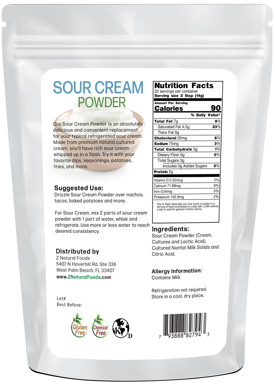 Photo of back of 1 lb bag of Sour Cream Powder Sour Cream Z Natural Foods