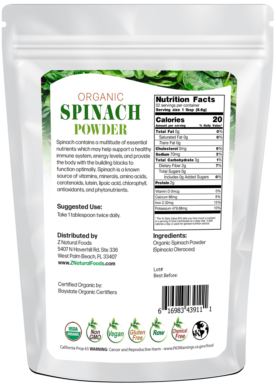 Back of bag image of Spinach Powder - Organic 1lb