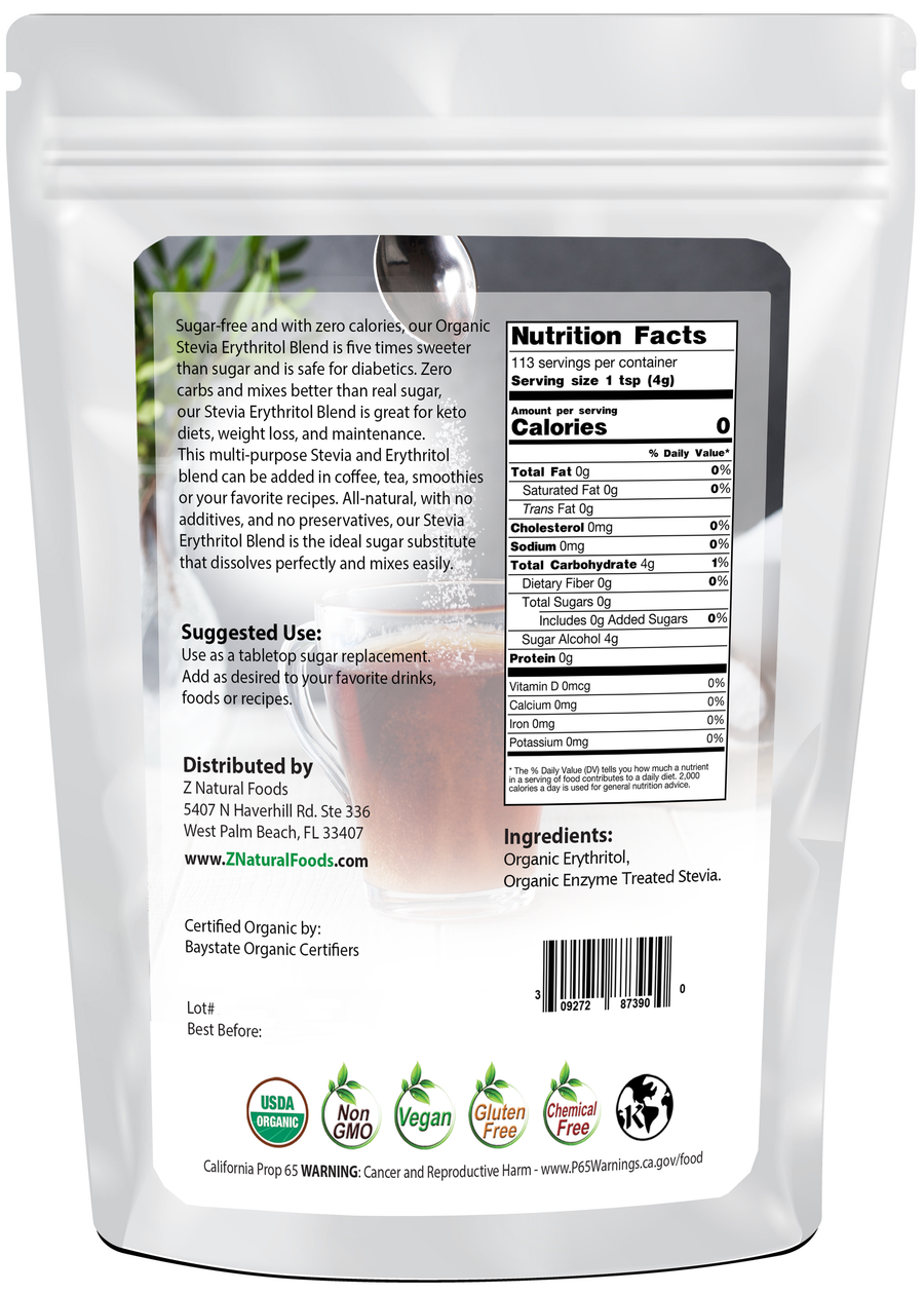 Photo of back of 1 lb bag of Stevia - Erythritol Blend - Organic