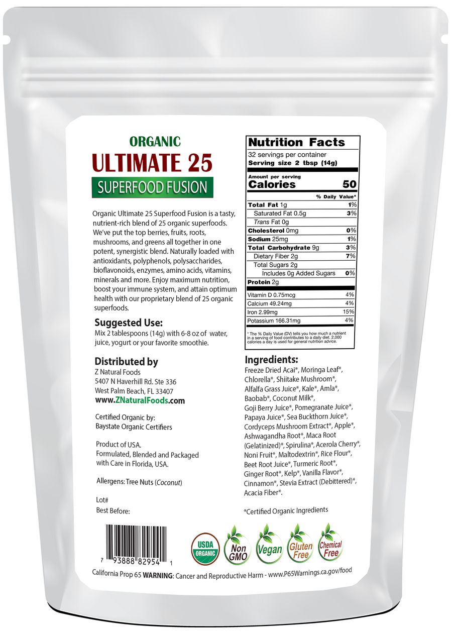 Photo of the back of 1 lb bag of Ultimate 25 Superfood Fusion