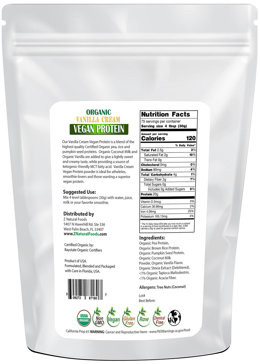 Photo of back of 5 lb bag of Z Natural Foods Organic Vanilla Cream Vegan Protein