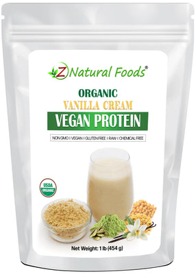 Photo of front of 1 lb bag of Organic Vanilla Cream Vegan Protein