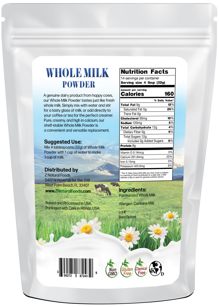 Photo of back of 1 lb bag of Whole Milk Powder