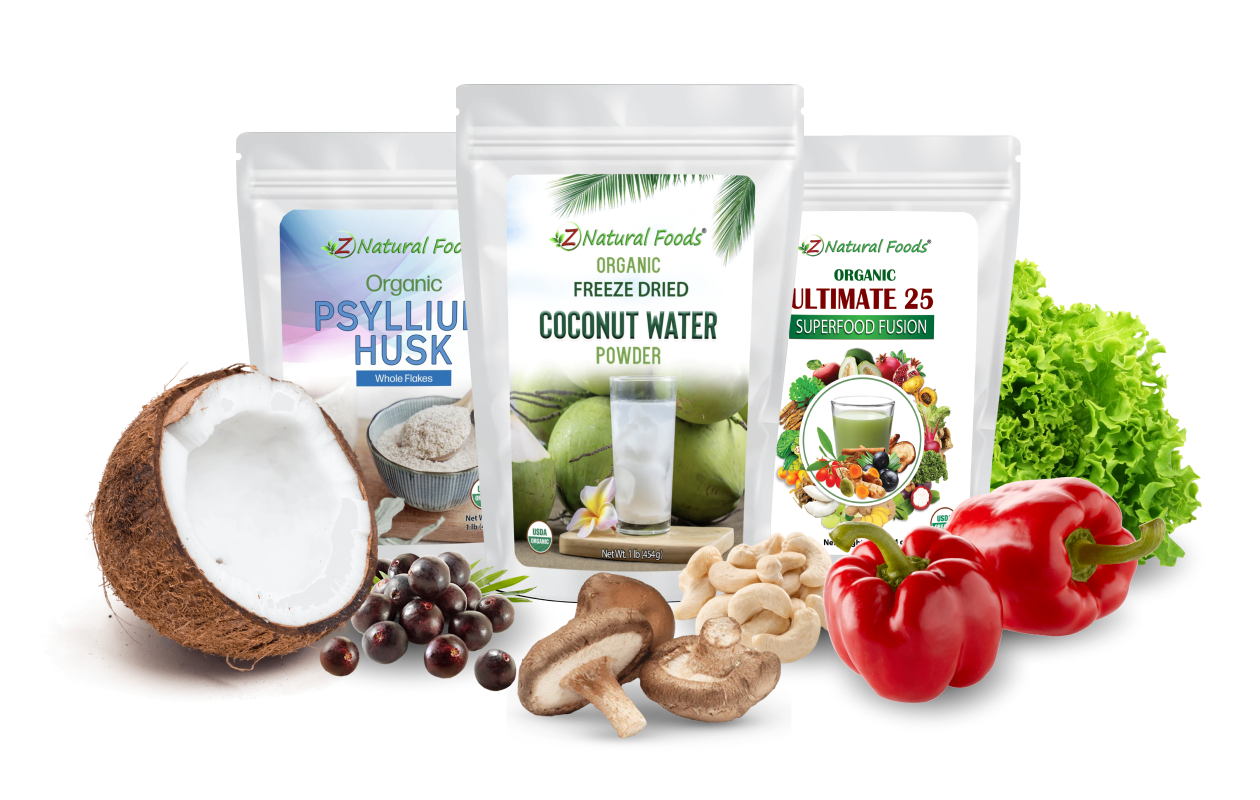 Image of various Z Natural Foods one pound products with sliced coconut, Shiitake mushrooms and red peppers displayed in front of them.