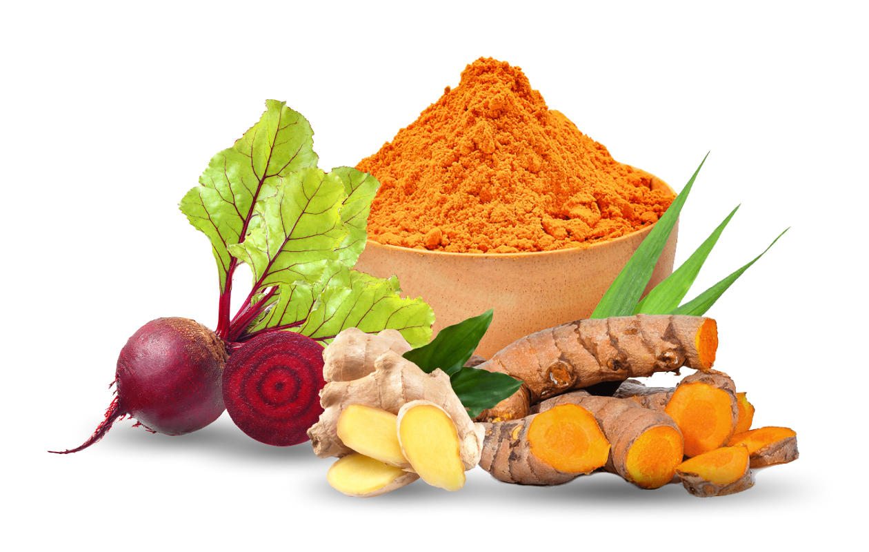 Image of actual beet roots, ginger root, and turmeric root with a bowl of turmeric powder in the back ground.