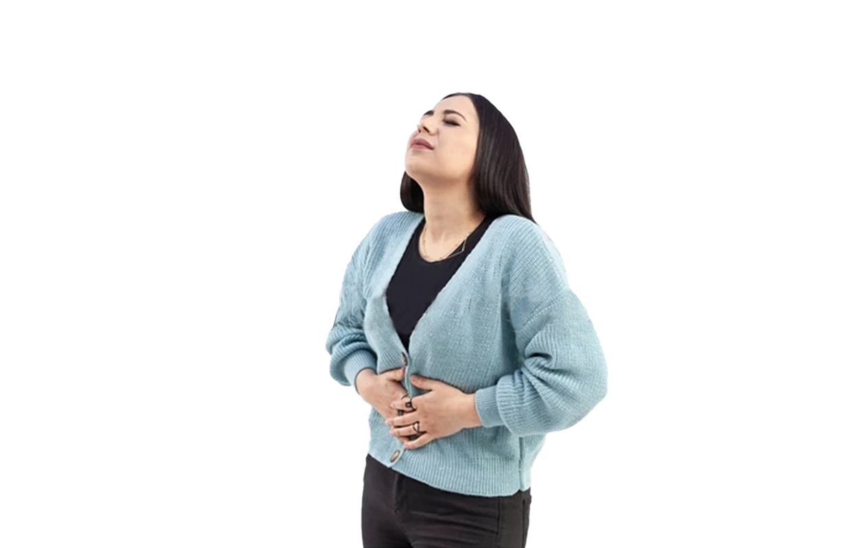 Woman with irritable bowel syndrome holding stomach because of pain