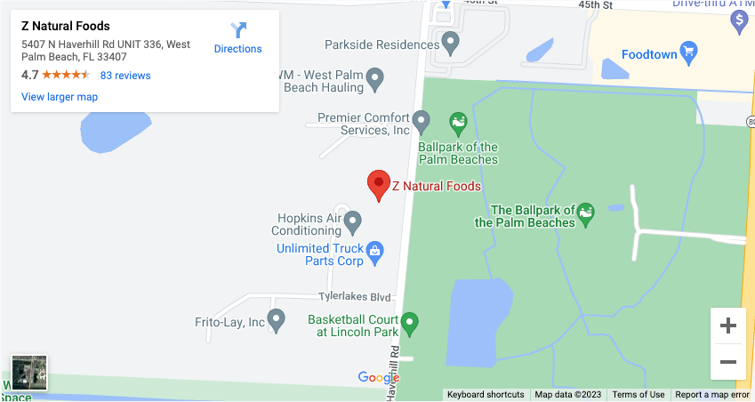 Photo of map showing location of Z Natural Foods in West Palm Beach that links to external Google Maps site