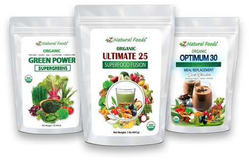 Z Natural foods Organic, 3 product showcase, Green Power Supergreens, Ultimate 25 Superfood Fusion, Optimum 30