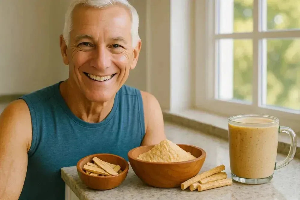 This is a picture of a happy, fit man enjoying an astragalus smoothie next to a sunny kitchen window