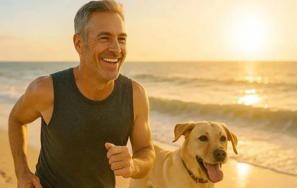 This is a picture of a healthy and fit man running on a sunny beach with his dog