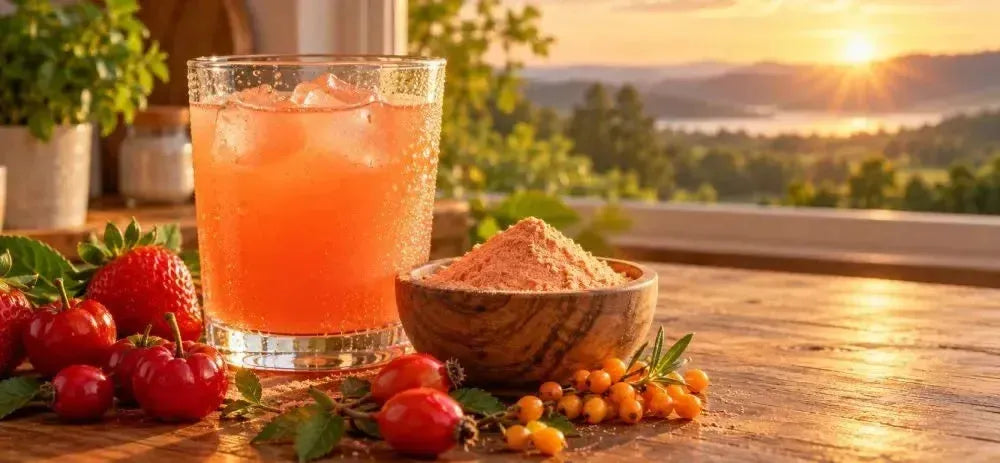 This is a picture of a cold glass of Booster C blend with a wooden bowl filled with our organic powder on a kitchen countertop, with a sunrise in the background.