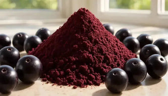 This is a picture of Acai berry powder surrounded by fresh acai berries on a kitchen counter near a window