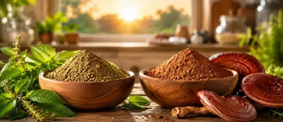 This is a picture of holy basil powder in a wooden bowl next to red reishi mushroom powder in a wooden bowl on a kitchen counter with a beautiful sunrise in the background.
