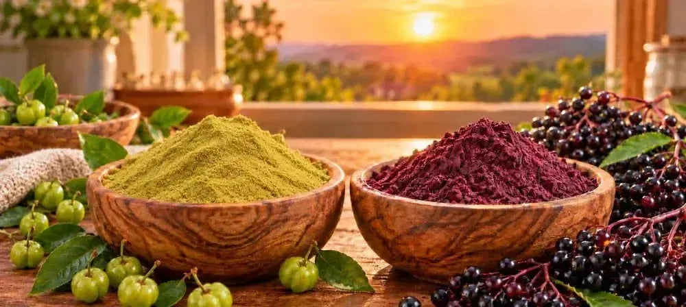 This is a picture of unripe acerola powder in a wooden bowl next to elderberry powder in a wooden bowl on a countertop with a sunrise in the background