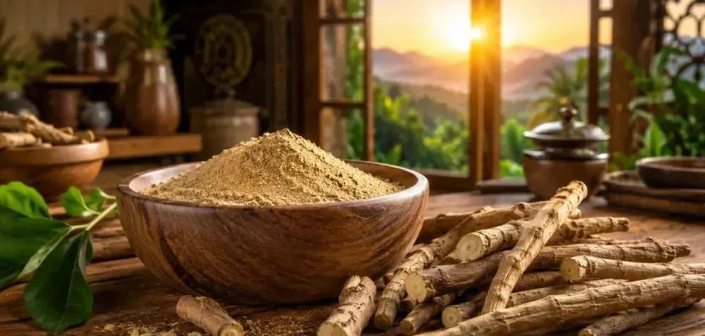 This is a picture of ashwagandha powder in a wooden bowl surrounded by fresh roots on a kitchen counter with a sunrise in the background.