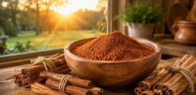 This is a picture of a wooden bowl filled with cinnamon powder on a wooden kitchen counter surrounded with fresh bundles of cinnamon sticks, with a beautiful sunrise in the background seen through the kitchen window.