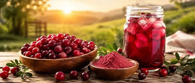 This is a picture of a fresh cranberries in wooden bowl next to a bowl of cranberry juice powder next to a delicious glass of cranberry juice in a mason glass jar on a wooden kitchen counter with a sunny grassy area in the background.