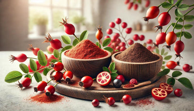 This is a picture of two wooden bowls filled with camu powder and rose hip powder on a kitchen countertop with a window in the background.