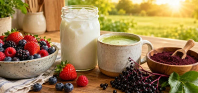 This is a picture of a fresh berries, a mason jar filled with ice cold fresh whole milk, a mug of matcha green tea and fresh elderberries next to elderberry powder in wooden bowl on a wooden kitchen counter with a sunny grassy area in the background.