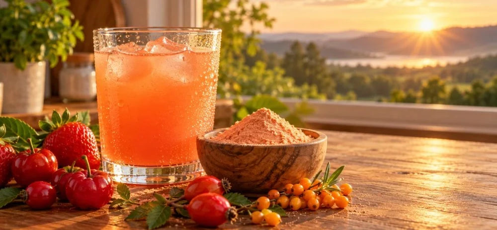 This is a picture of a cold glass of Booster C blend with a wooden bowl filled with our organic powder on a kitchen countertop, with a sunrise in the background.