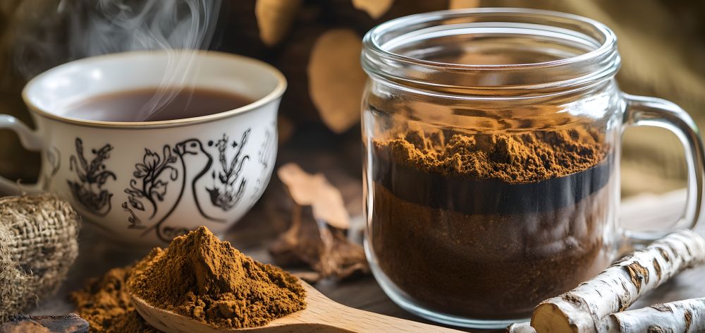 This is a picture of chaga mushroom powder on a wooden spoon and two cups of chaga tea on a wooden table top 